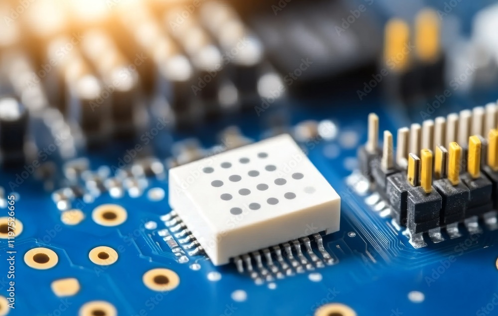 Poster close-up view of electronic component on a circuit board with connectors and grey chip