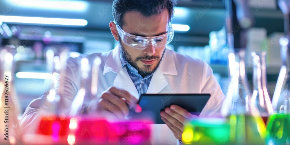 Poster a scientist in a lab coat working on experiments with microscope and chemicals.