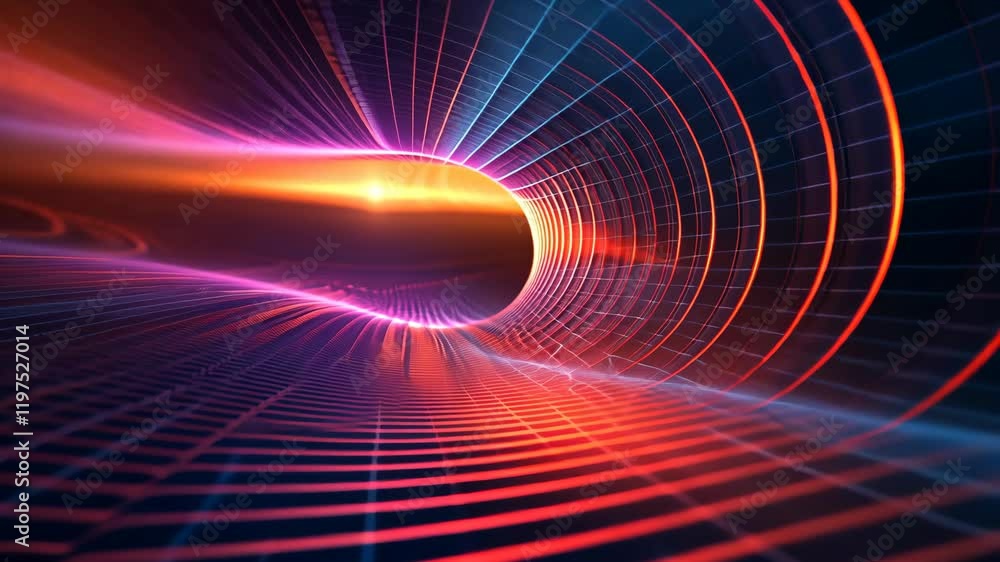 Poster dynamic abstract design showcasing colorful light patterns through a futuristic tunnel at sunset