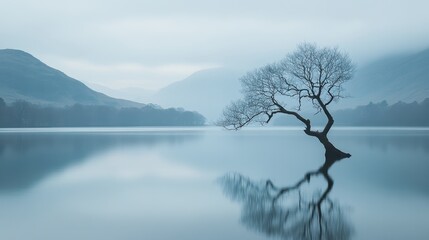 A tranquil lakeside view with a tree branch arching over the water, creating a peaceful and reflective atmosphere.