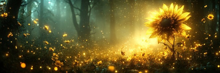 Glowing sunflower in a mystical forest with fireflies.