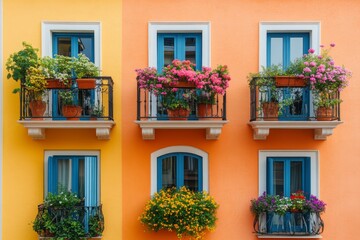 Fototapeta premium Colorful Building Facade with Flower Filled Balconies Blue Windows
