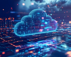 Fototapeta premium Futuristic cloud technology visualized with glowing digital data symbols on a network grid background.