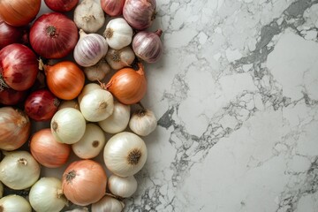 Obraz premium Fresh Onions Garlic Bulbs Produce Food Cooking Ingredients Kitchen