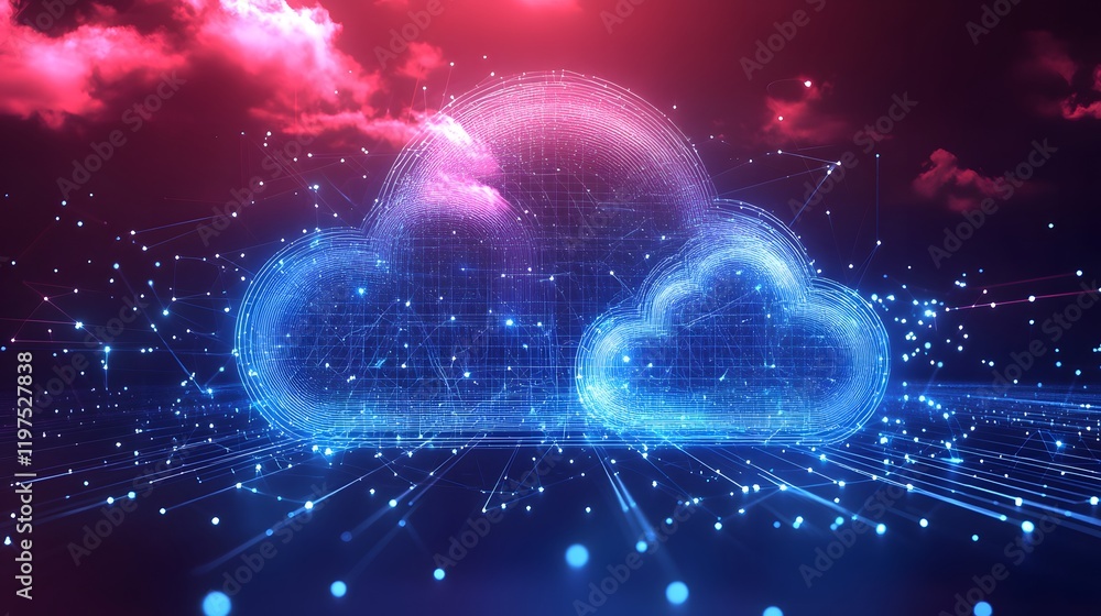 Poster futuristic digital cloud with glowing particles representing data transfer and connectivity in a vib