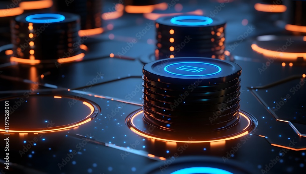 Poster futuristic digital technology scene showcasing glowing circuits and stacks of data tokens, perfect f