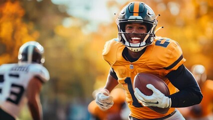 Football player runs joyfully with the ball during practice in autumn sunlight at a local sports field