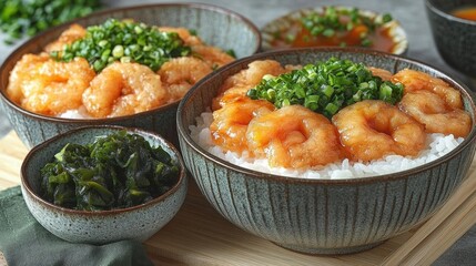 Savory Shrimp and Rice Bowls with Seaweed Garnish: A Delicious Japanese Cuisine