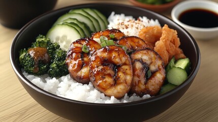 Savory Teriyaki Salmon Bowl with Shrimp Tempura and Steamed Broccoli