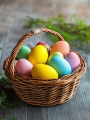 Naklejka premium easter, holidays and tradition concept - close up of colored eggs in wicker basket on grey wooden boards background