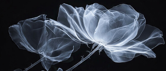 X-ray capture of rose petals revealing delicate veins and intricate beauty