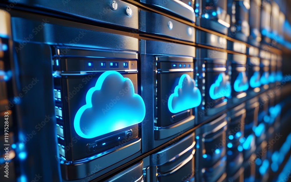 Poster modern data center with blue cloud icons on server racks, symbolizing cloud computing and data stora
