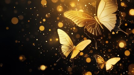 Golden Butterflies Soaring in a Glittering Black Night
