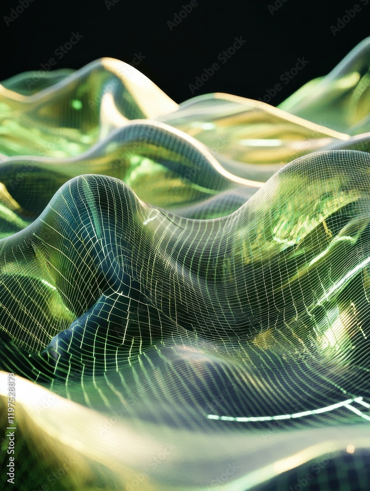 Poster abstract light green grid waves on dark background. technology concept. 3d rendering