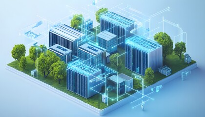 This illustration showcases a futuristic urban environment with modern buildings, greenery, and a digital network overlay, symbolizing innovation and technological advancements.