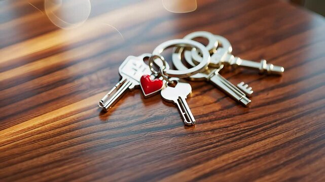 Close-Up of Keys with a Red Heart Keychain on a Wooden Table with Soft Sunlight in a Minimalist Setting

