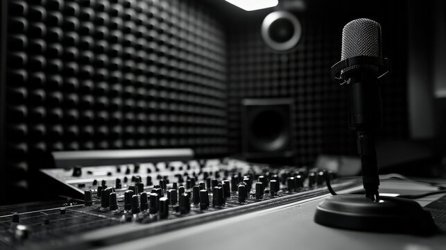 music studio featuring acoustic foam panels, microphone, and mixing console creates professional sound environment. setup is ideal for recording and producing music