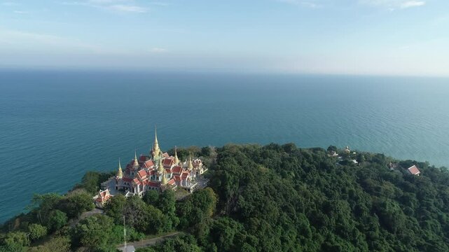 Aerial view of the Wat Thang Sai. Beautiful temple on the top of Thongchai mountain, Prachuap Khirikhan, Thailand.