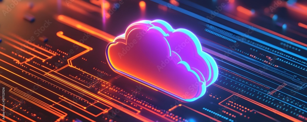 Poster vibrant abstract cloud symbol on a colorful circuit board background representing digital data stora