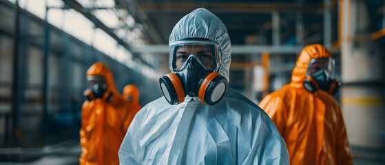 Workers in protective gear performing safety protocols in an industrial environment. Emphasizes the importance of safety measures and proper equipment in hazardous conditions.
