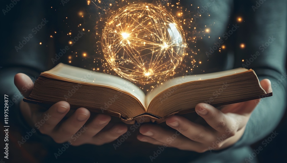 Poster enchanting scene of a person holding an open book with a magical glow and floating energies depictin