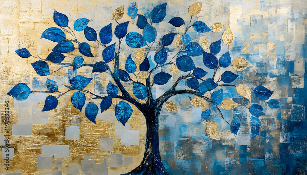Poster artistic tree with shimmering blue and gold leaves displayed on a textured abstract background -