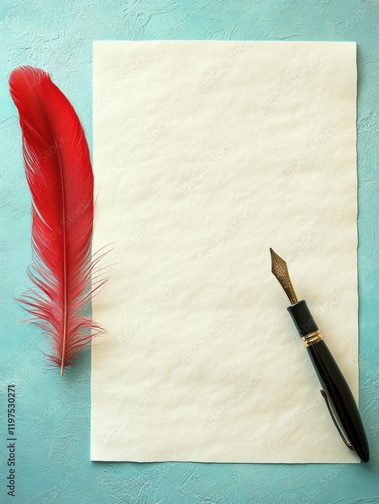Leinwandbilder elegant writing setup with a feather pen and blank paper on a turquoise background for creative insp