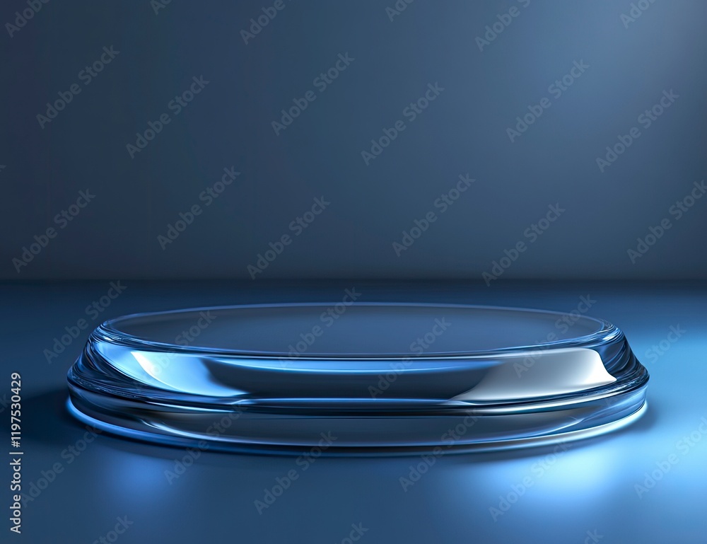 Poster 3d render of a podium with a glass circle on a blue background, a product presentation mock-up, with