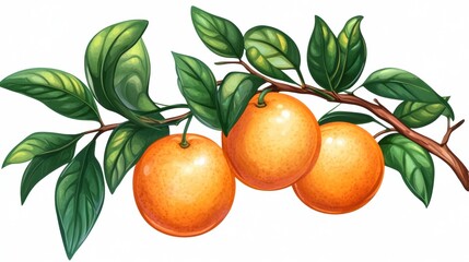 Fresh Oranges on Branch with Green Leaves in Vibrant Colors