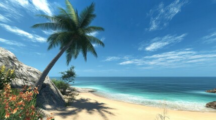 Fototapeta premium A tropical paradise featuring twin palm trees on a sandy beach, overlooking a calm ocean under a vibrant blue sky.