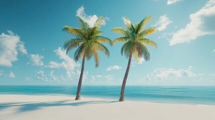 A tropical paradise featuring twin palm trees on a sandy beach, overlooking a calm ocean under a vibrant blue sky.