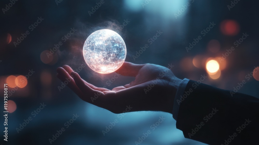 Aufkleber close up of businessman hand holding glowing round cloud hologram on blurry bokeh background. cloud 
