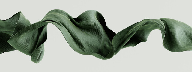 Flying green texture piece of fabric 3d rendering. Abstract wave of cloth material isolated on white.