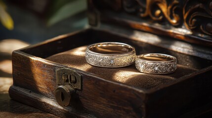 Elegant Silver Wedding Rings in an Antique Wooden Box with Intricate Patterns Illuminated by Soft Natural Light