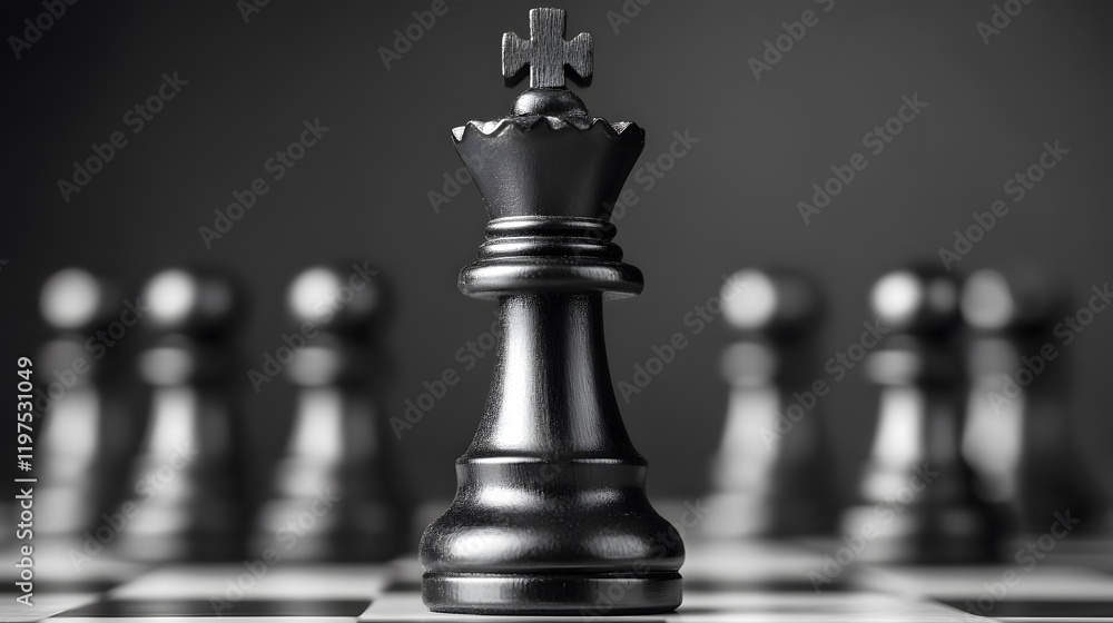 Poster black chess king in focus on a chessboard surrounded by blurred pawns, capturing the essence of stra