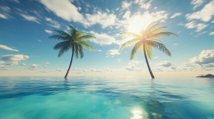 Obraz premium A tropical paradise with twin palm trees by the ocean, under a bright blue sky with scattered white clouds, evoking a sense of tranquility.