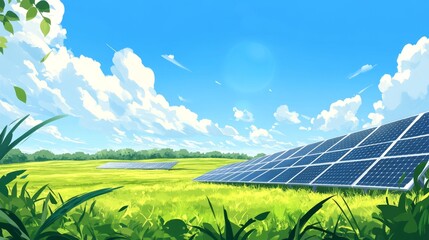 Fototapeta premium Expansive Solar Farm with Rows of Panels Under a Bright Blue Sky