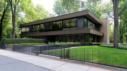 Fototapeta premium Stylish house features a sleek design with a gray metal fence and garage, set against vibrant greenery in broad daylight.