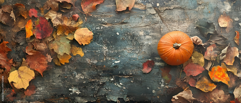 Poster autumn composition with colorful leaves and a pumpkin on a rustic backdrop -
