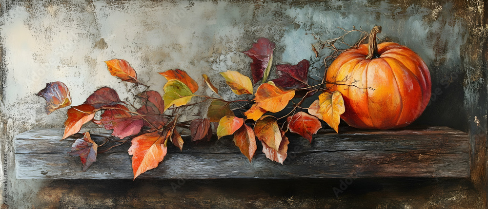 Poster autumn composition with colorful leaves and a pumpkin on a rustic backdrop -