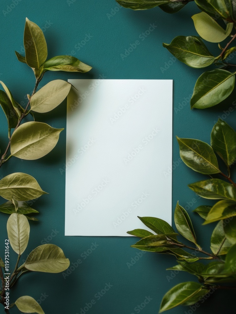 Poster empty mock up space with green leaves surrounding blank paper on teal background ideal for graphic d