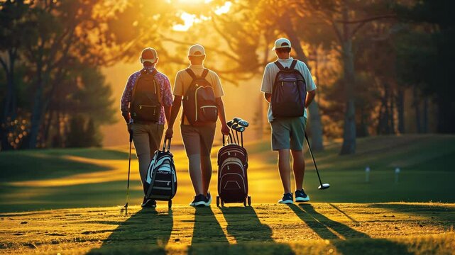 Friends enjoy a sunset golf outing on a beautiful course in the warm evening light