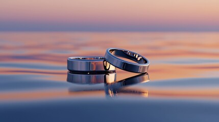 Obraz premium Elegant wedding rings on calm water surface at sunset, reflecting soft colors and creating a romantic atmosphere for love and commitment celebrations