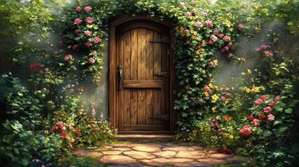 Wooden door nestled in a vibrant rose garden, sunlight streaming through leaves onto stone path.