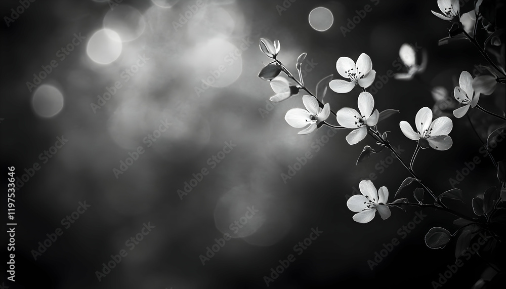 Poster black-and-white image of abstract bokeh lights glowing softly against a dark backdrop -