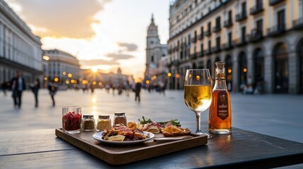 Enjoying tapas at dusk in Plaza Mayor Madrid with a lively backdrop and golden sun setting