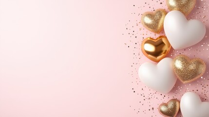 A whimsical scene filled with delicate white and shimmering gold hearts dancing across a soft pink backdrop, embodying love and romance for Valentine's Day.
