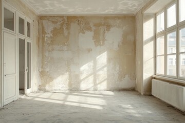 Fototapeta premium An empty apartment with concrete walls and floors, illuminated by natural light