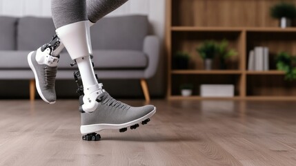 A skilled professional fits a prosthetic leg with a shoe, highlighting precision and attention to detail in a controlled environment