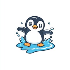 Obraz premium Happy penguin splashing in puddle, children's book illustration